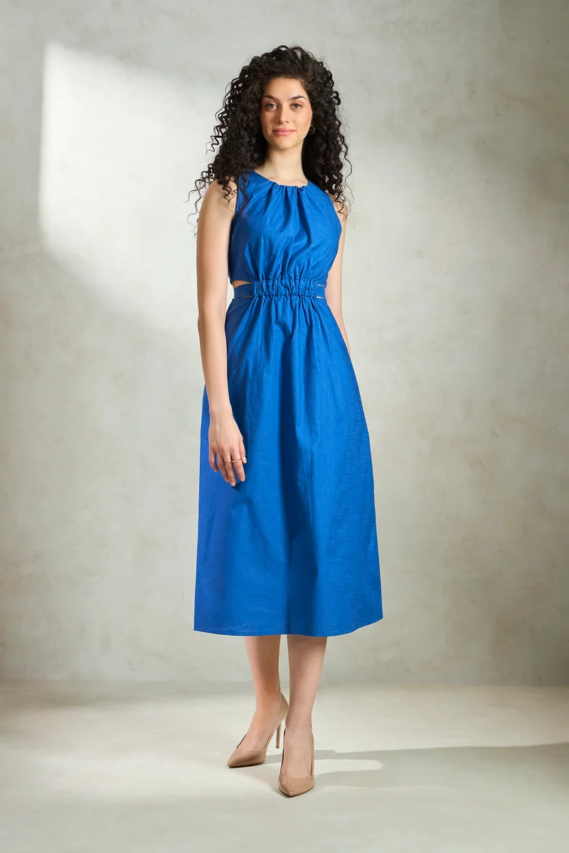 River|100% Cotton Gathered Waist A-Line Midi Dress