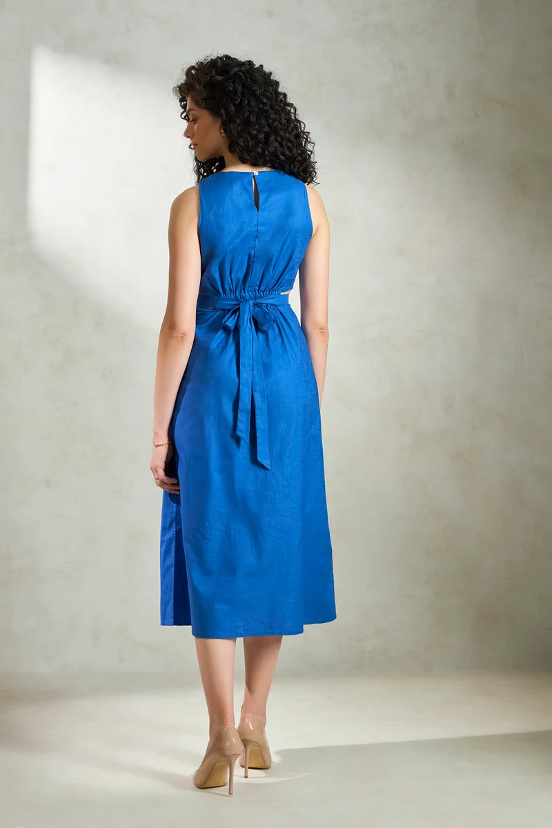 River|100% Cotton Gathered Waist A-Line Midi Dress