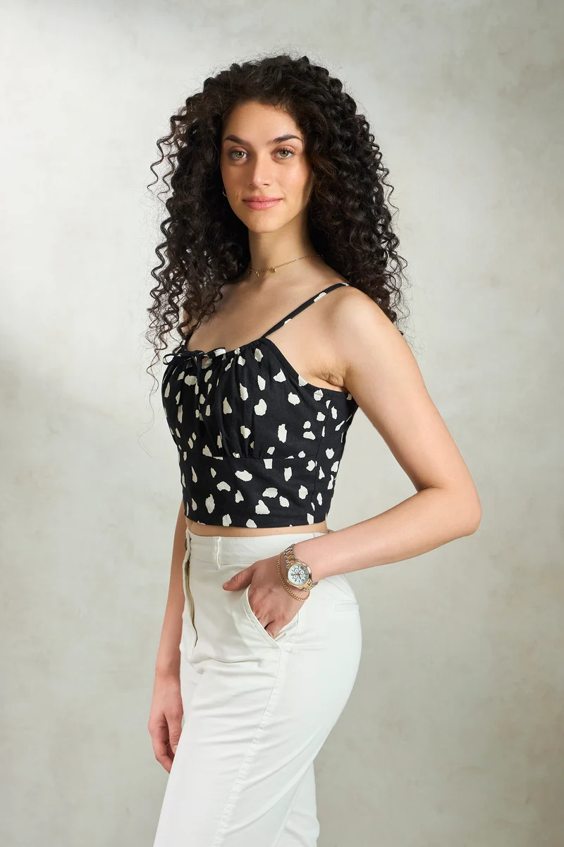 Aspen|Linen Printed Front Tie-Up Crop Top