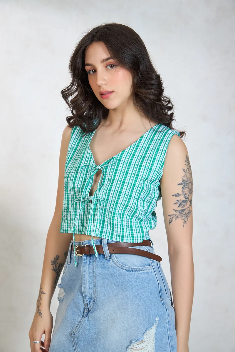 Querra|100% Cotton Green Top With Front Tie-Up