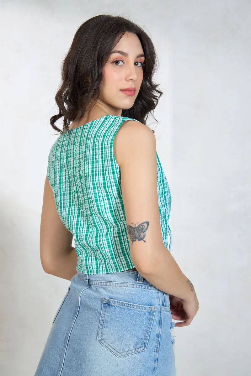 Querra|100% Cotton Green Top With Front Tie-Up