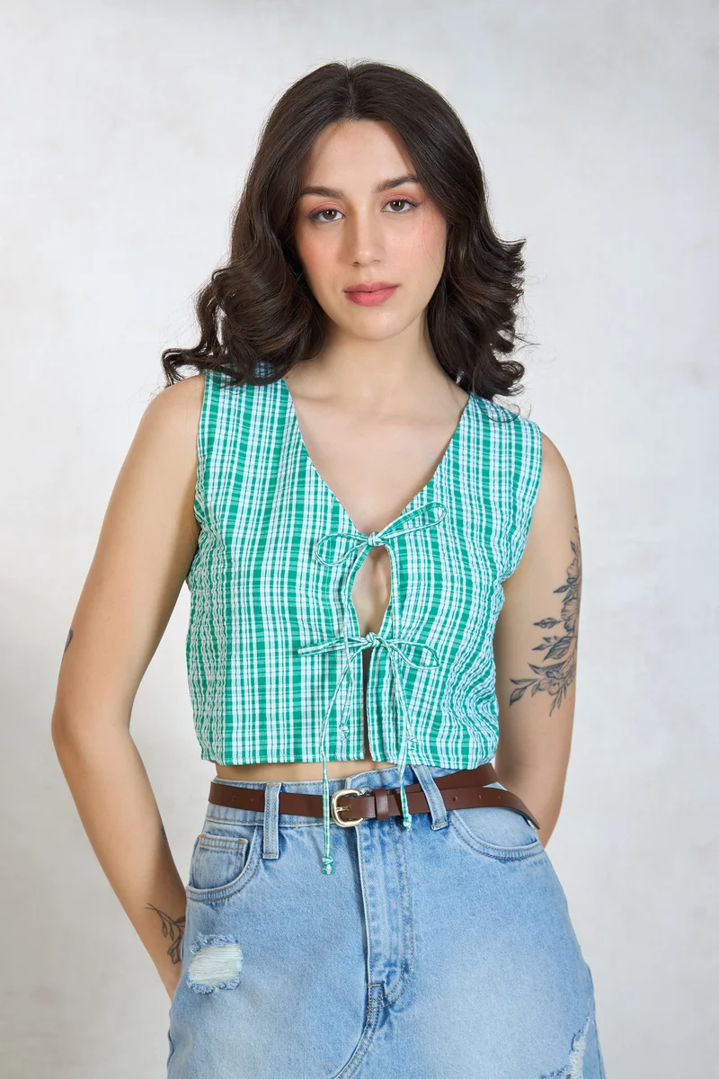 Querra|100% Cotton Green Top With Front Tie-Up