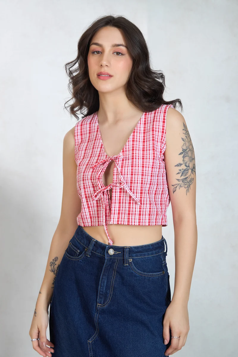Gabanna|100% Cotton Red Top With Front Tie-Up
