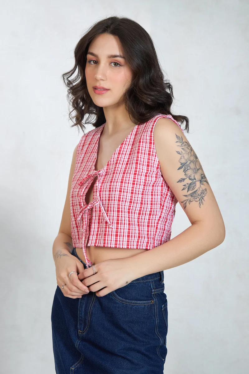 Gabanna|100% Cotton Red Top With Front Tie-Up