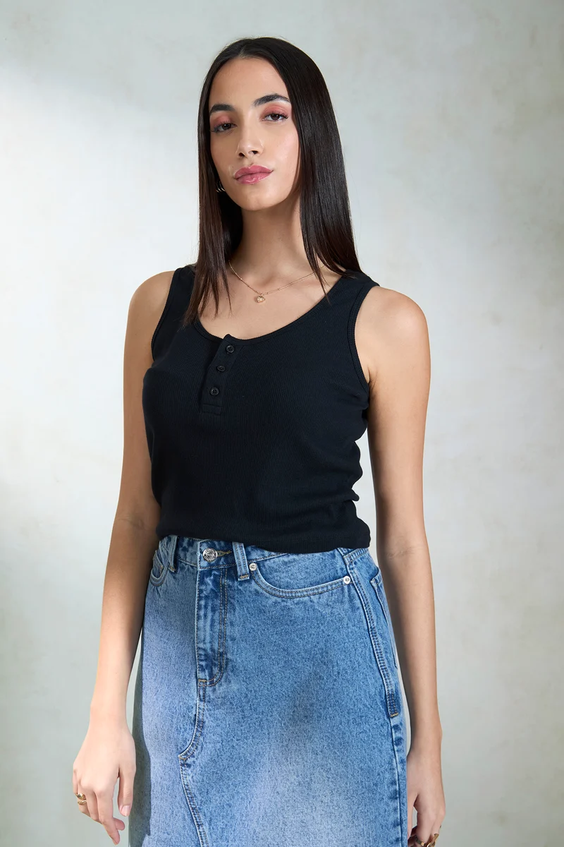 Vixen|100% Cotton Black Sleeveless Scoopneck Top