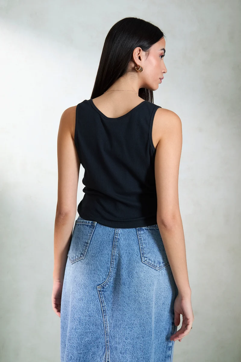 Vixen|100% Cotton Black Sleeveless Scoopneck Top
