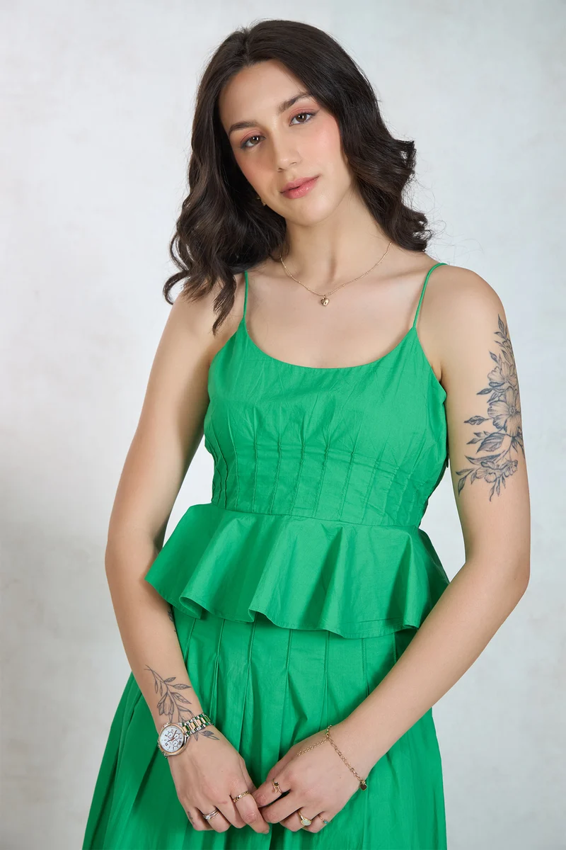 Sweenie Top|100% Cotton Peplum Pleated Flared Hem Top