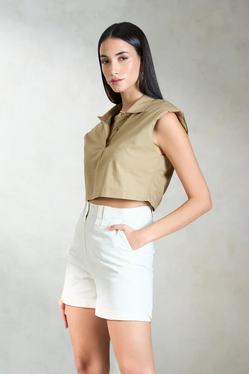 Ava|100% Cotton Crop Shirt With Padded Shoulder