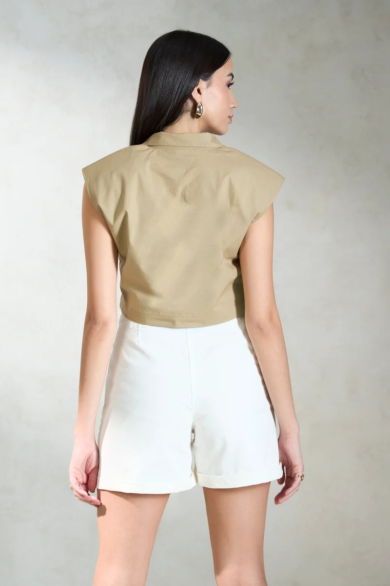 Ava|100% Cotton Crop Shirt With Padded Shoulder