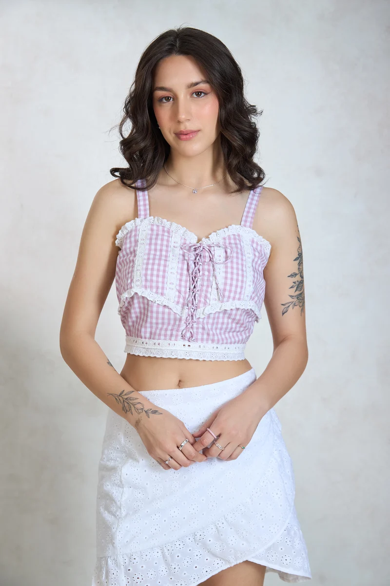 Alec|100% Cotton Gingham Tie Lace Detail Top