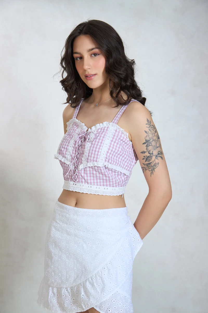 Alec|100% Cotton Gingham Tie Lace Detail Top