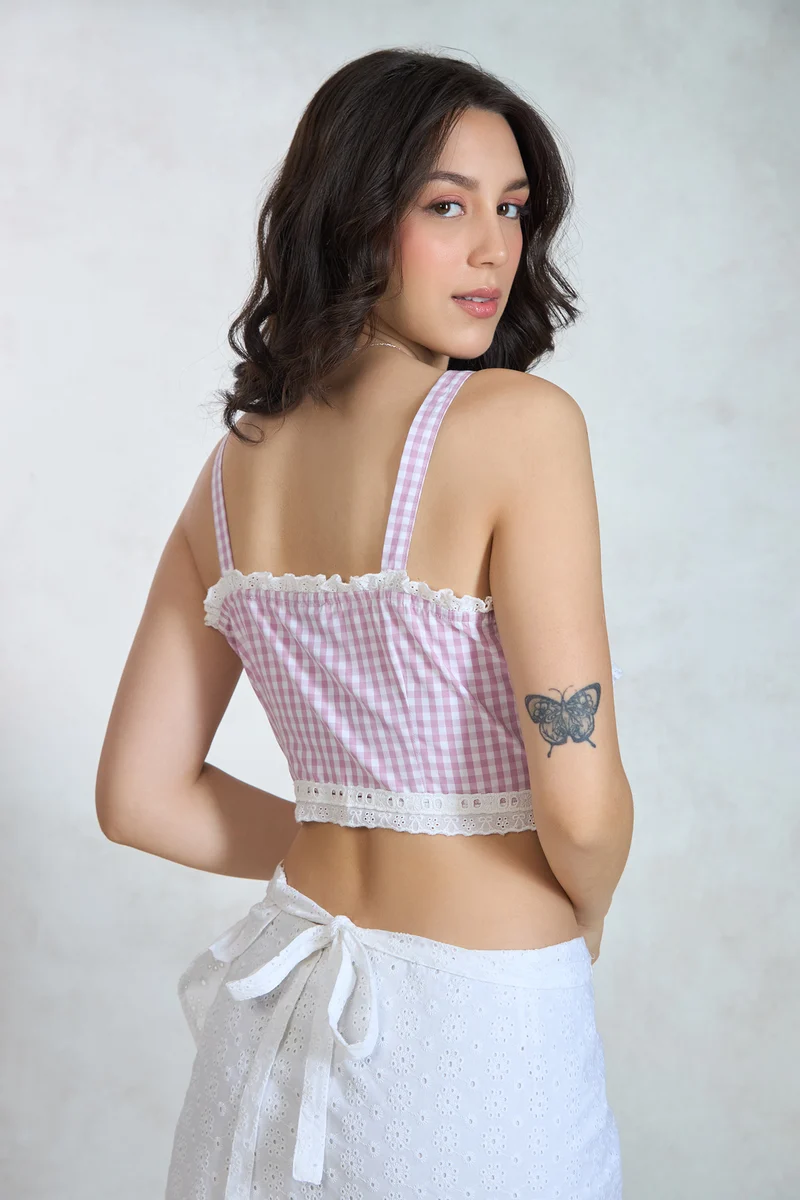 Alec|100% Cotton Gingham Tie Lace Detail Top