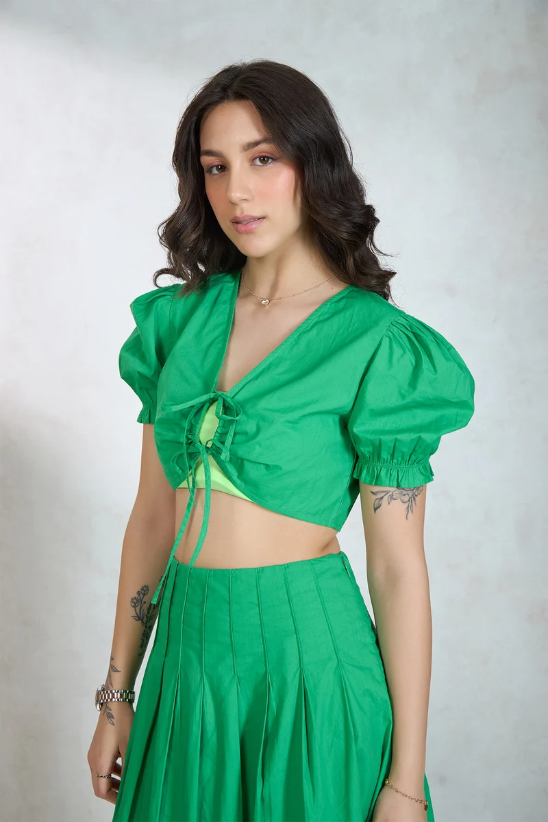 Smaira|100% Cotton Tieup Crop Top With Puff Sleeves