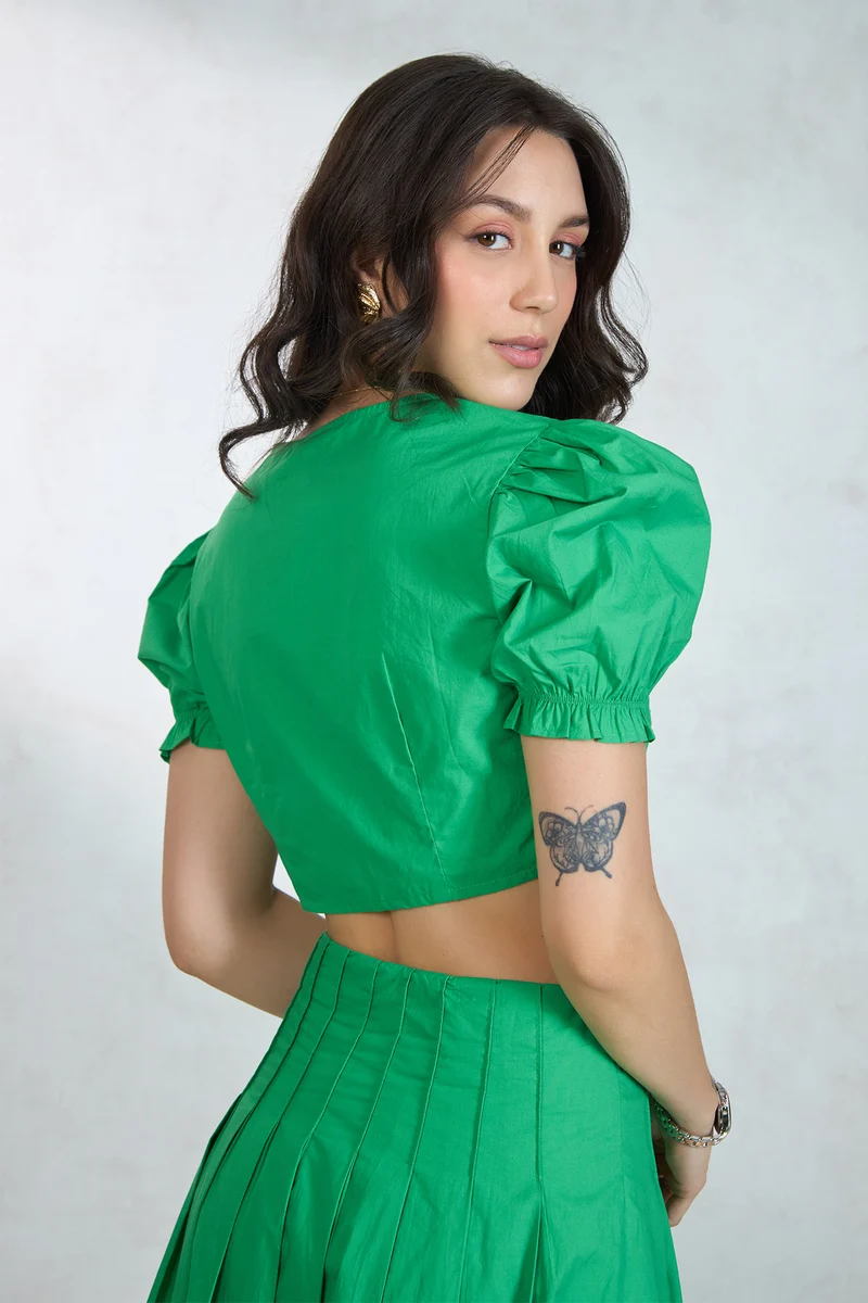 Smaira|100% Cotton Tieup Crop Top With Puff Sleeves