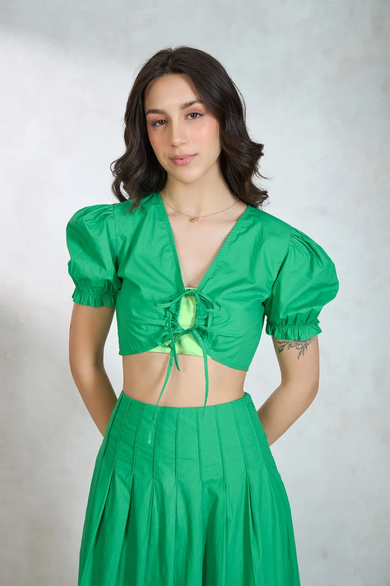 Smaira|100% Cotton Tieup Crop Top With Puff Sleeves
