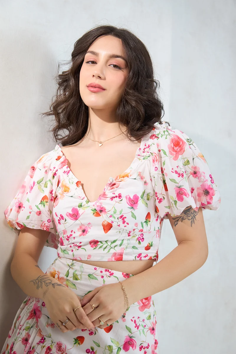 Kaira Top|100% Cotton Puff Sleeve Floral Crop Top