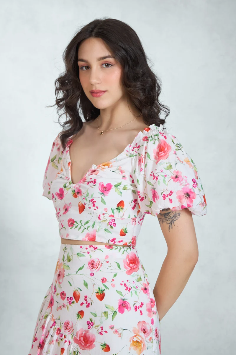Kaira Top|100% Cotton Puff Sleeve Floral Crop Top