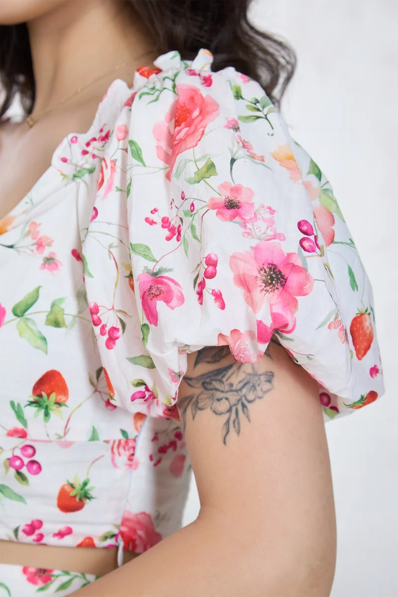 Kaira Top|100% Cotton Puff Sleeve Floral Crop Top