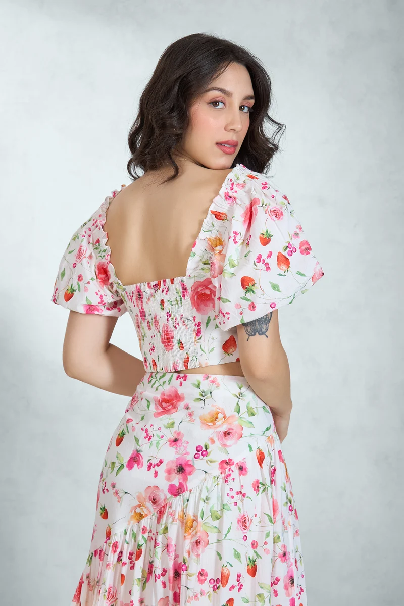 Kaira Top|100% Cotton Puff Sleeve Floral Crop Top