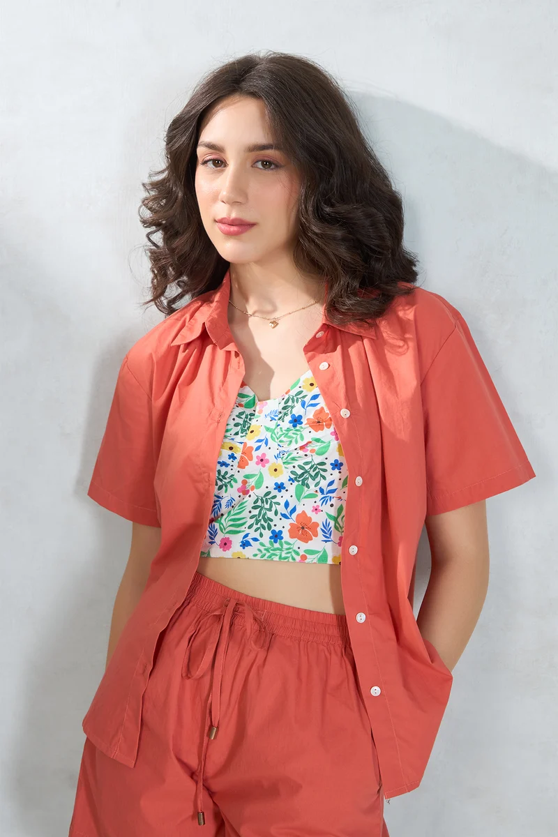Miles Shirt|100% Cotton Orange Halfsleeve Throw On Shirt