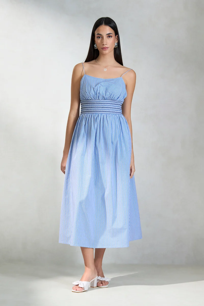 Bretton|100% Cotton Waist Smocked Stripe Dress