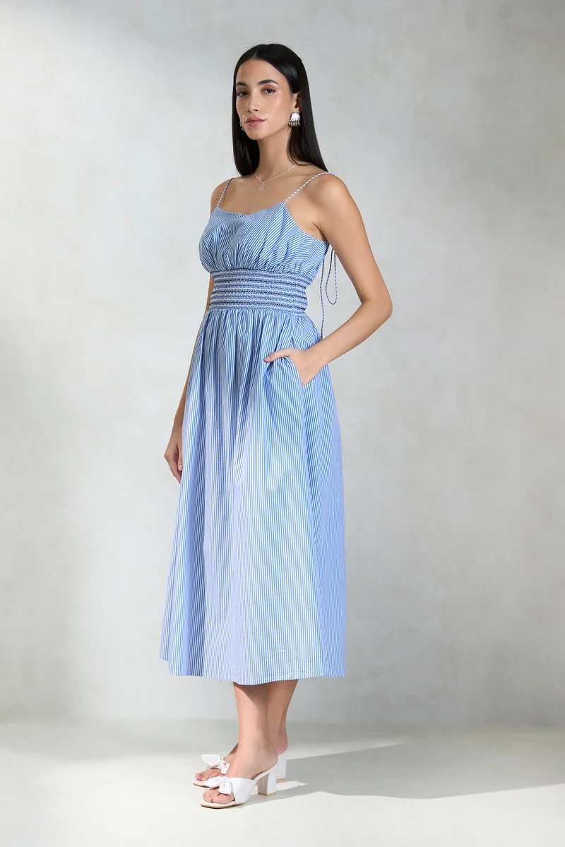 Bretton|100% Cotton Waist Smocked Stripe Dress