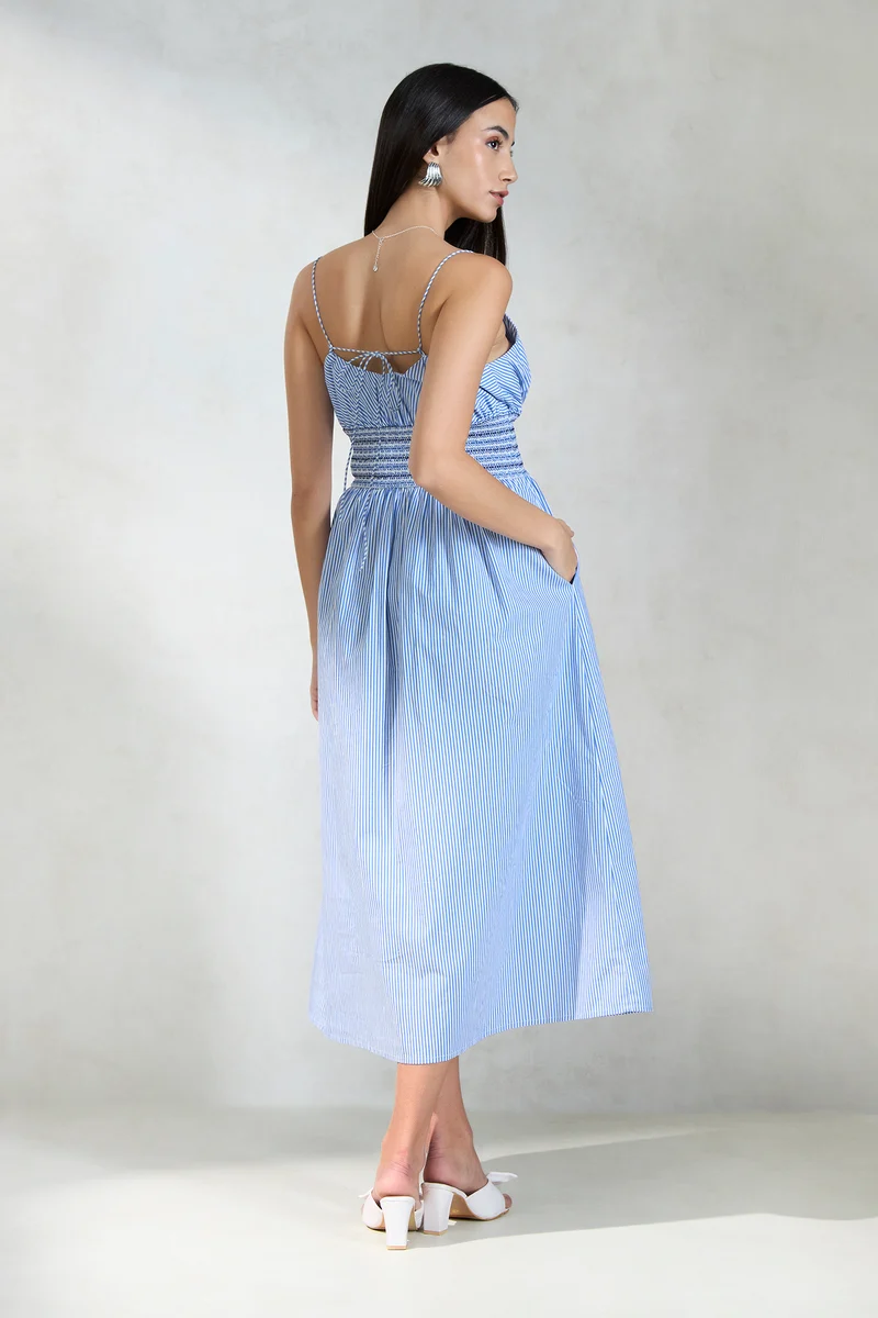 Bretton|100% Cotton Waist Smocked Stripe Dress