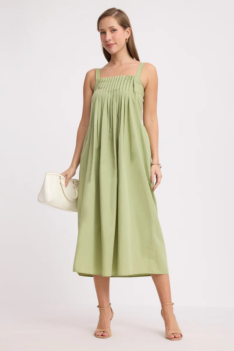 Sunheri|100% Cotton Front Pleated Smocked Midi Dress