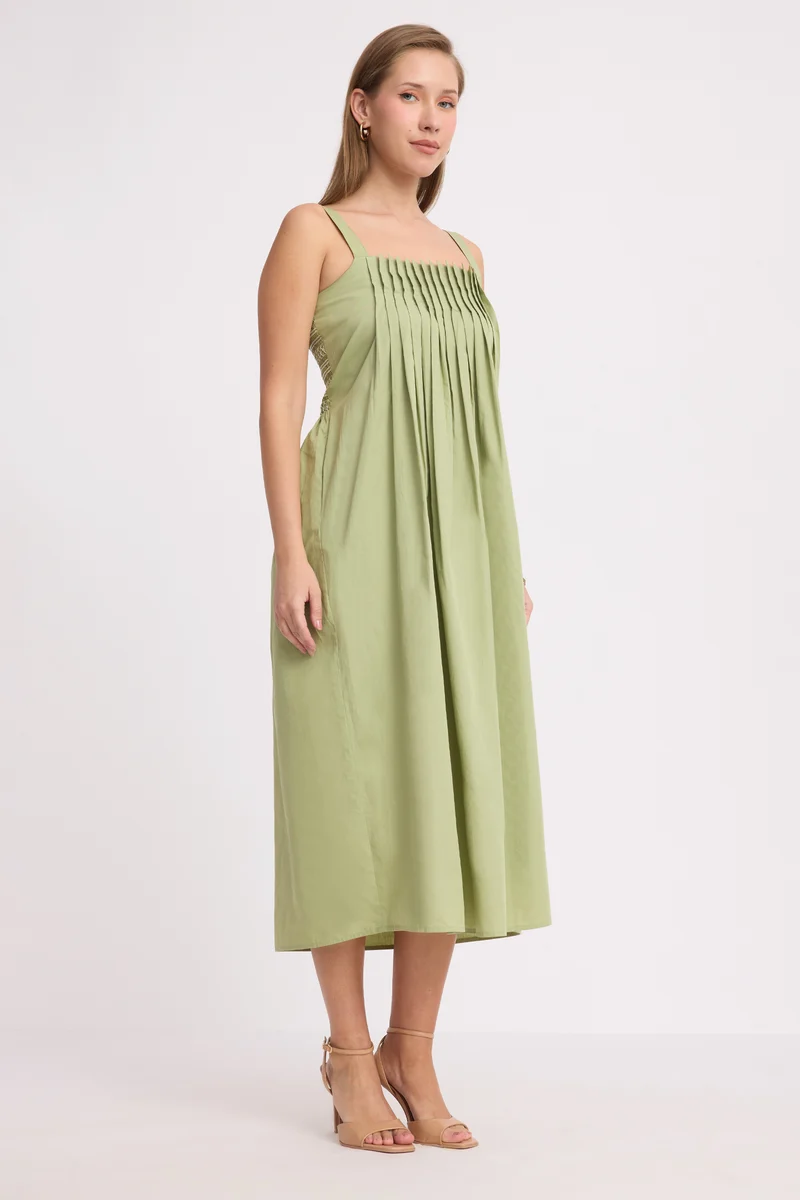 Sunheri|100% Cotton Front Pleated Smocked Midi Dress
