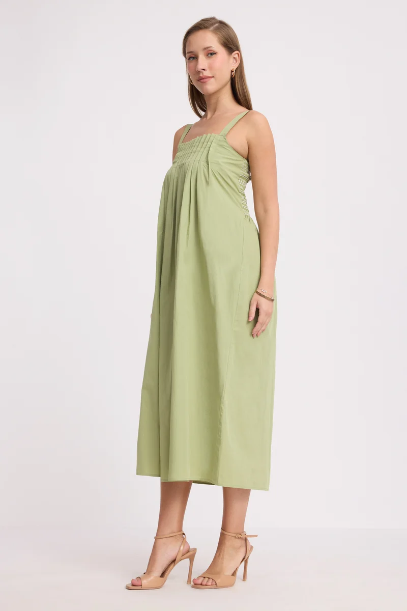 Sunheri|100% Cotton Front Pleated Smocked Midi Dress