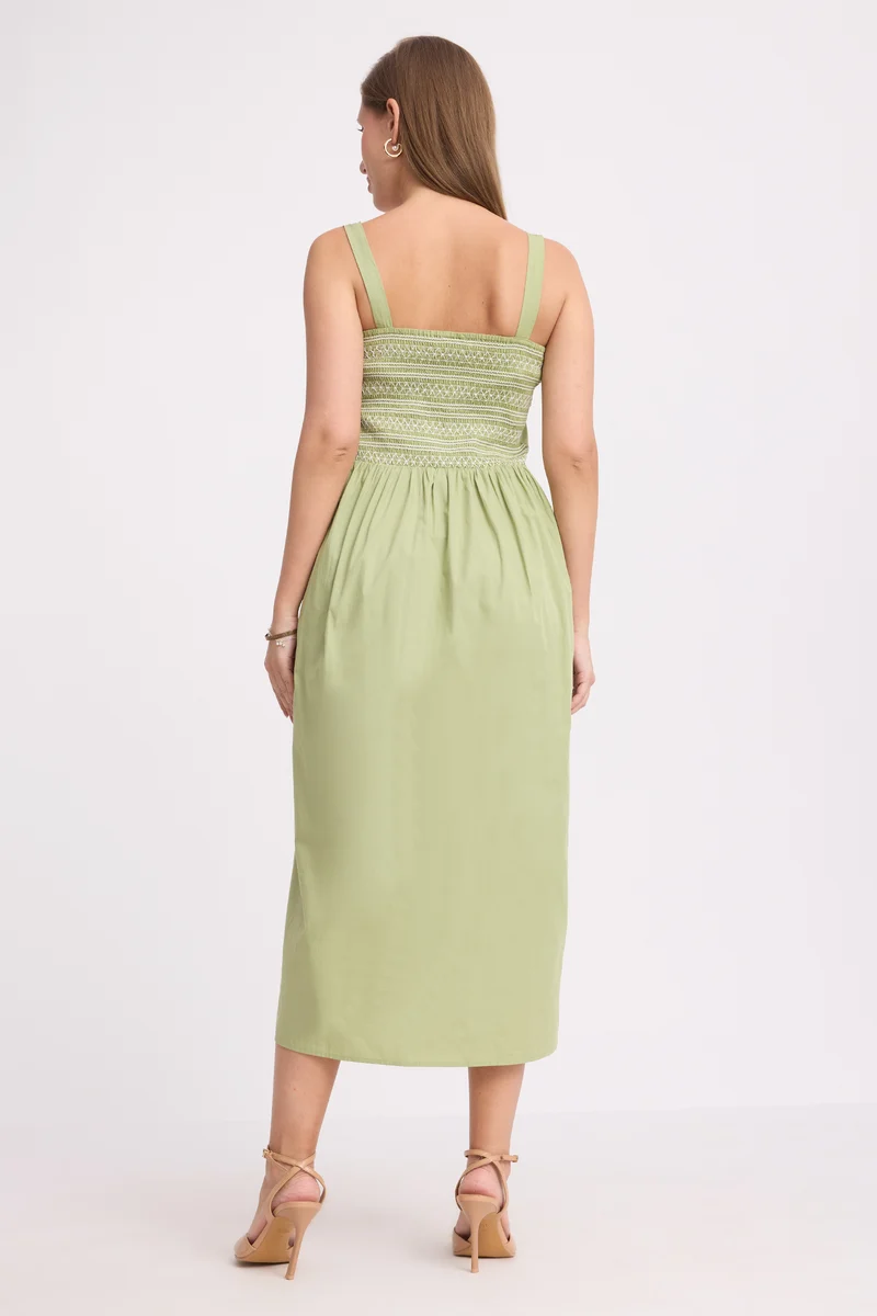 Sunheri|100% Cotton Front Pleated Smocked Midi Dress