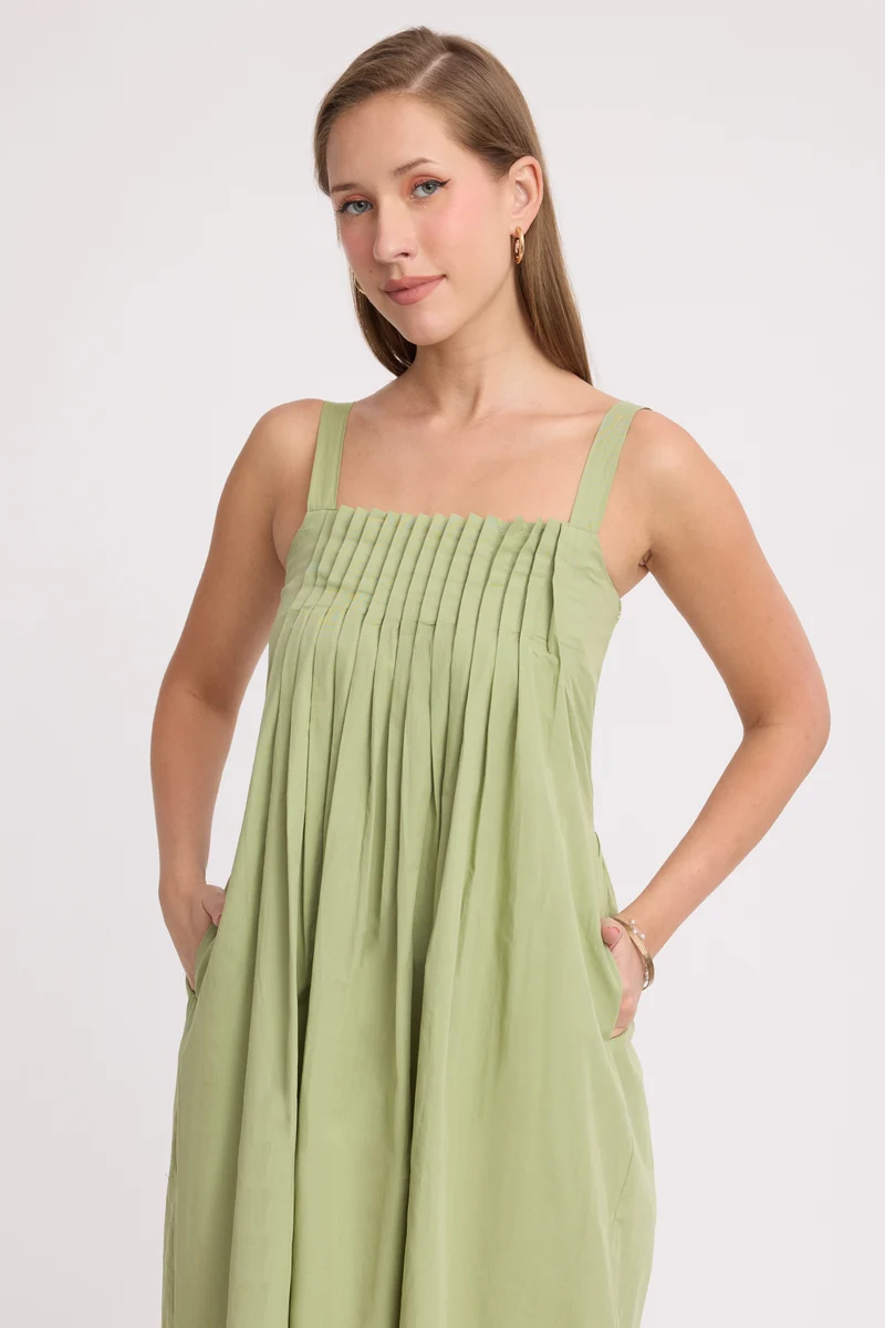 Sunheri|100% Cotton Front Pleated Smocked Midi Dress