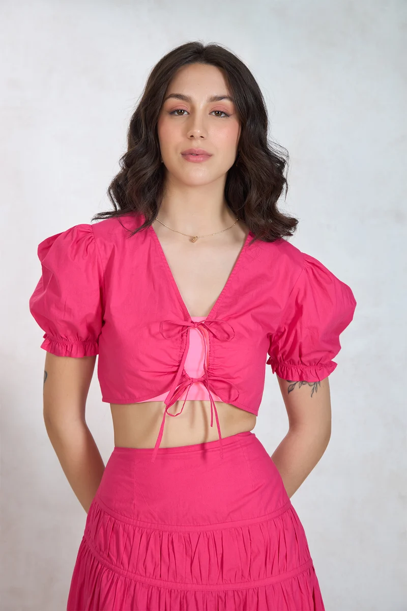 Maira|100% Cotton Tieup Crop Top With Puff Sleeves