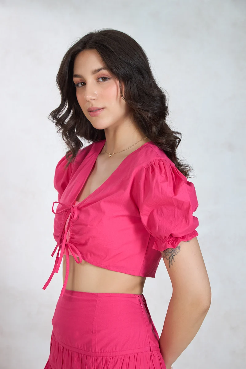 Maira|100% Cotton Tieup Crop Top With Puff Sleeves
