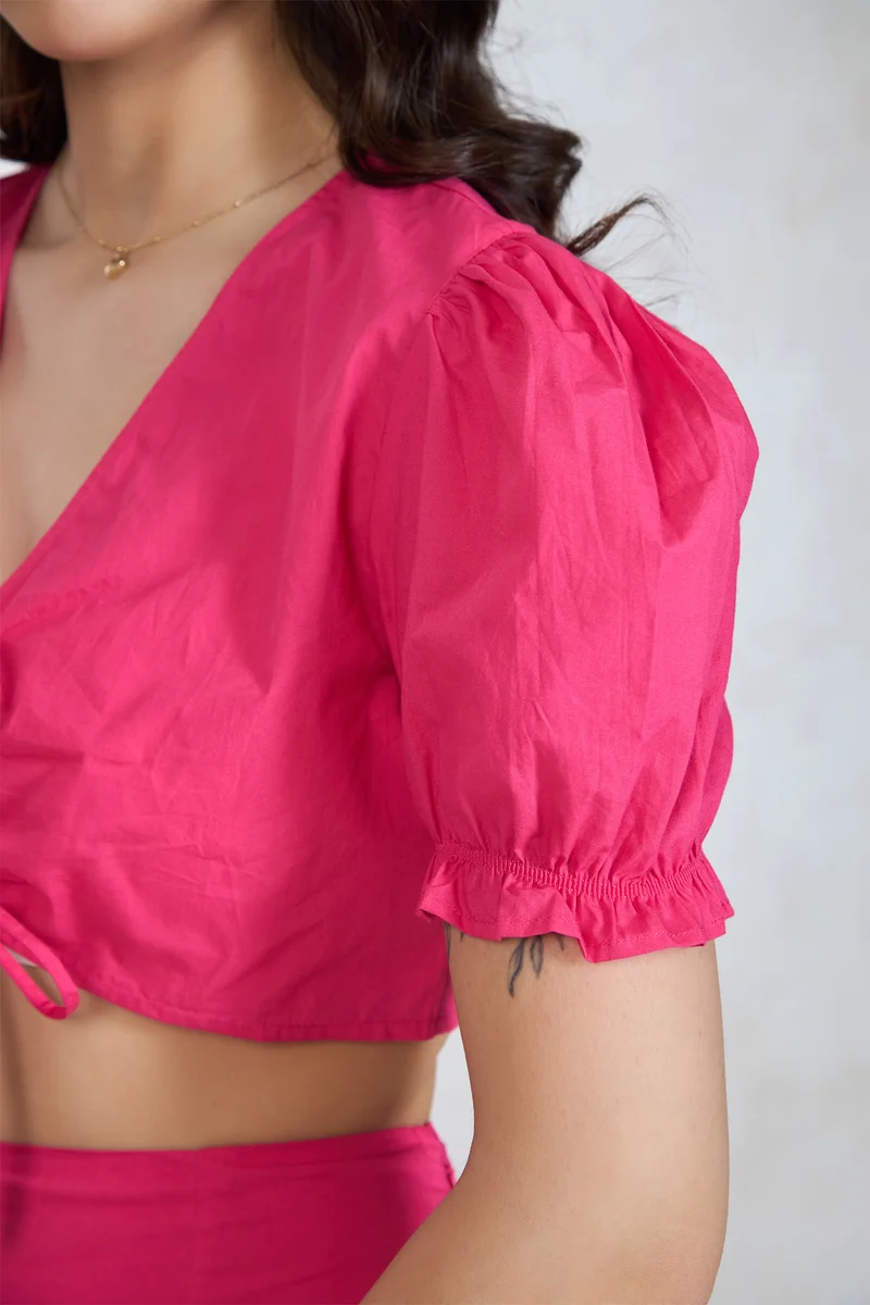 Maira|100% Cotton Tieup Crop Top With Puff Sleeves