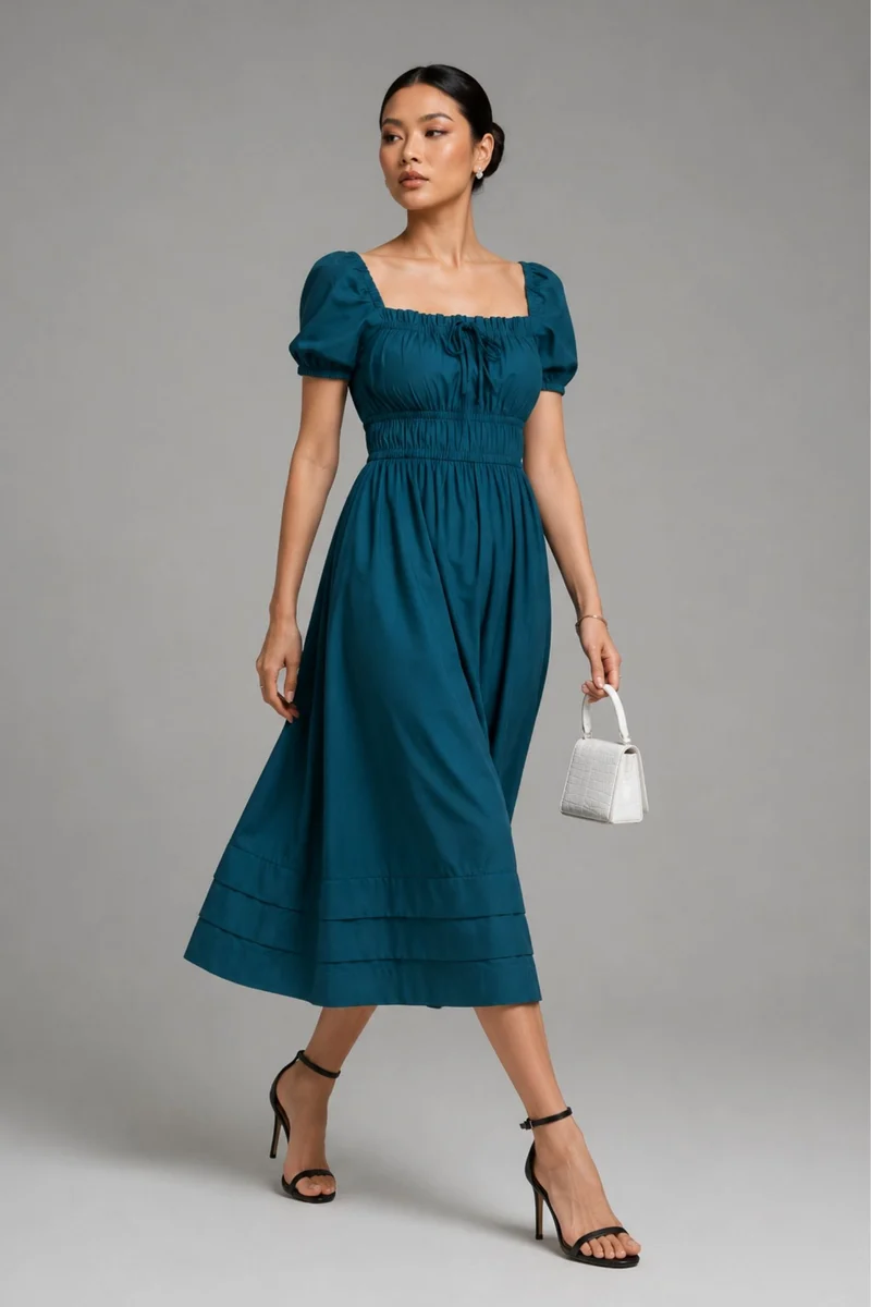 Kiona|100% Cotton Blue Midi Dress With Puff Sleeves