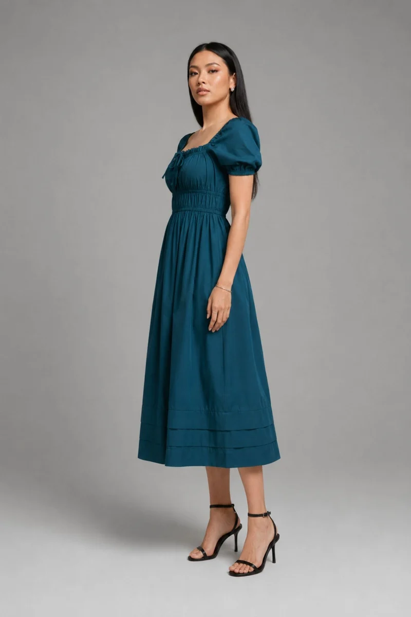 Kiona|100% Cotton Blue Midi Dress With Puff Sleeves