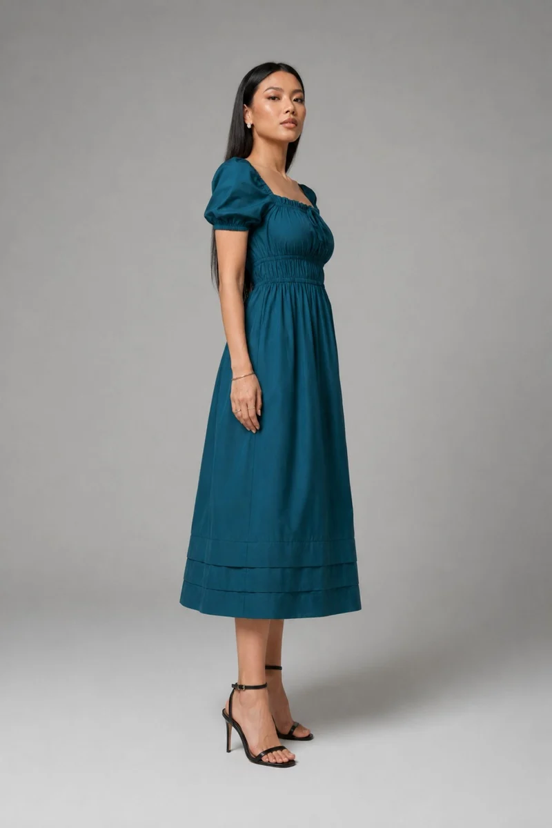 Kiona|100% Cotton Blue Midi Dress With Puff Sleeves