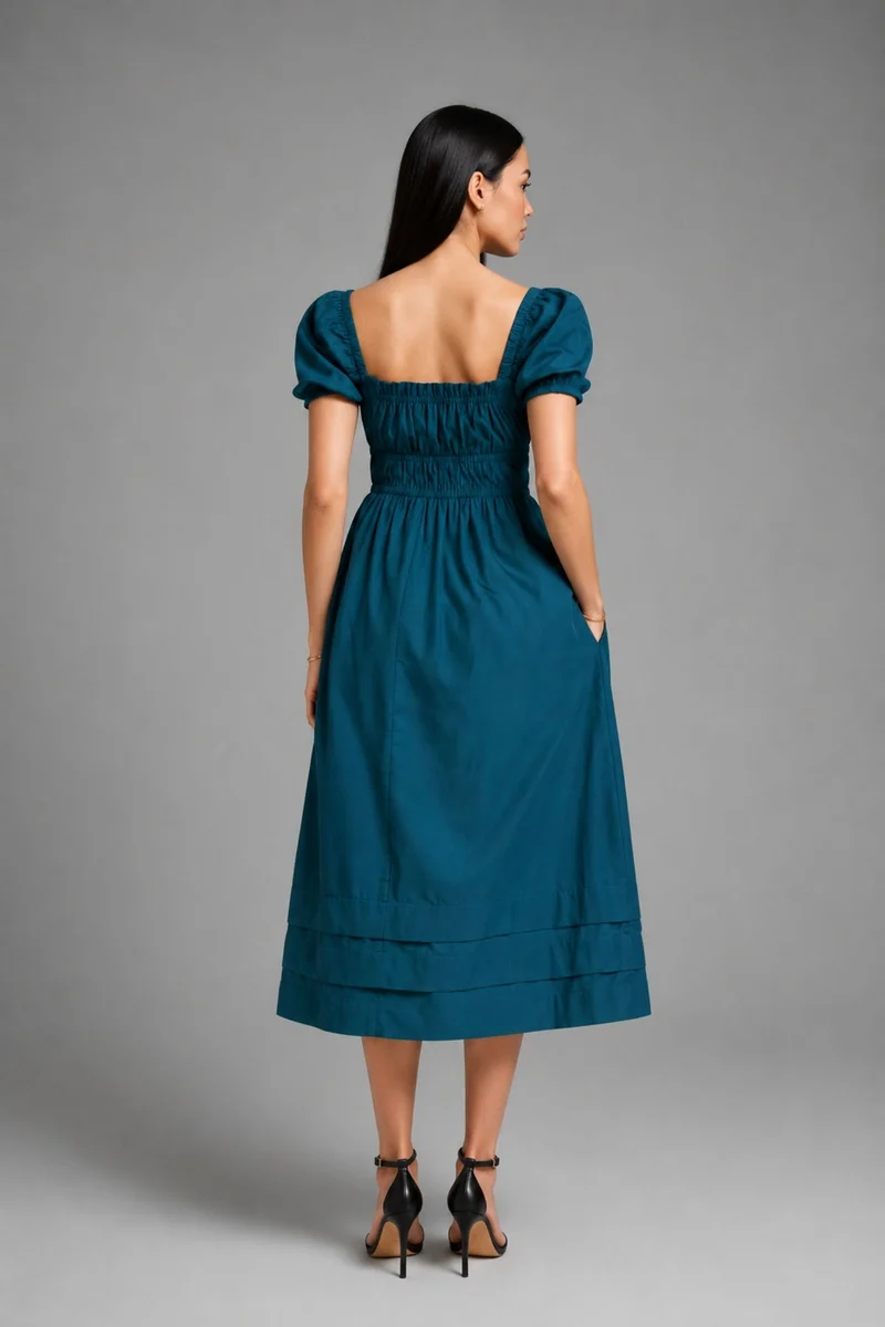 Kiona|100% Cotton Blue Midi Dress With Puff Sleeves