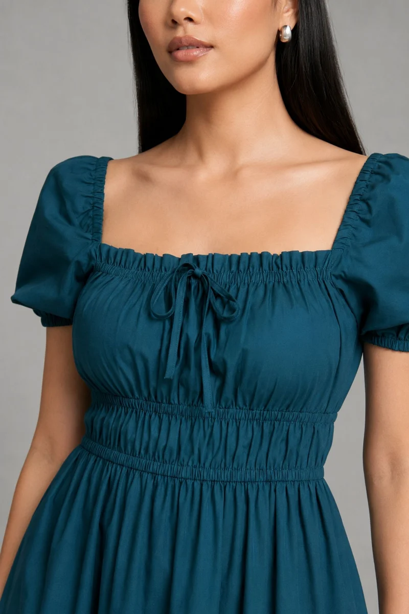 Kiona|100% Cotton Blue Midi Dress With Puff Sleeves