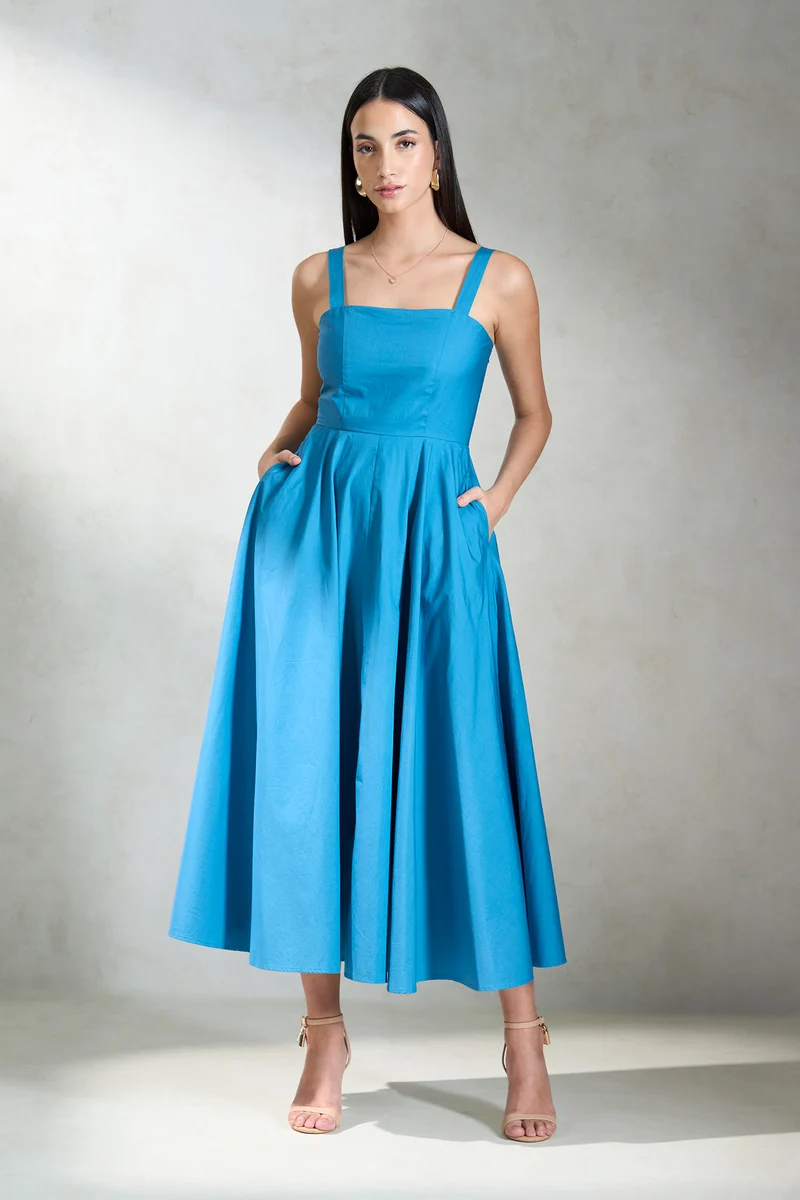 Monali|100% Cotton Back Tie-Up Midi Dress