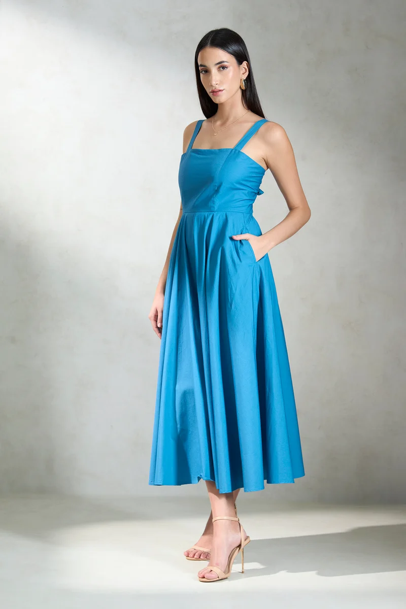 Monali|100% Cotton Back Tie-Up Midi Dress