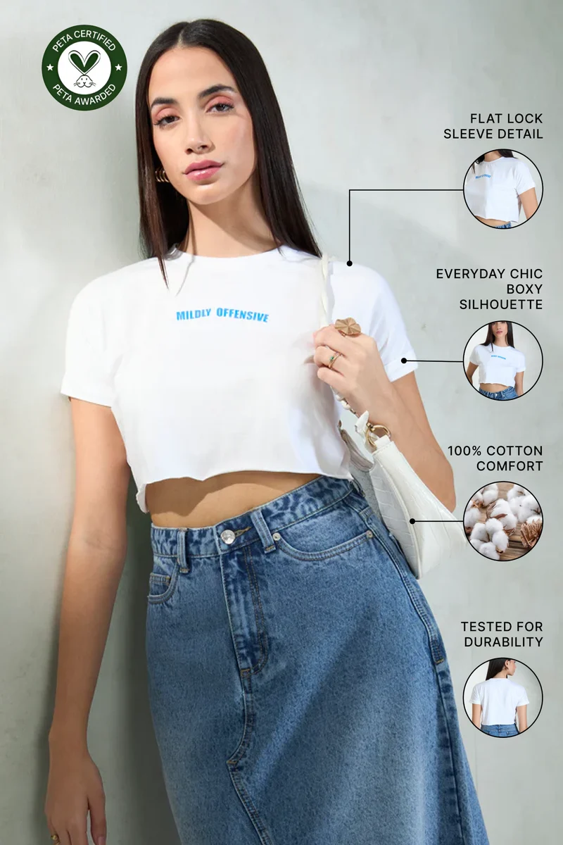 Gaaya|100% Cotton White Knit Boxy Crop Graphic Tee
