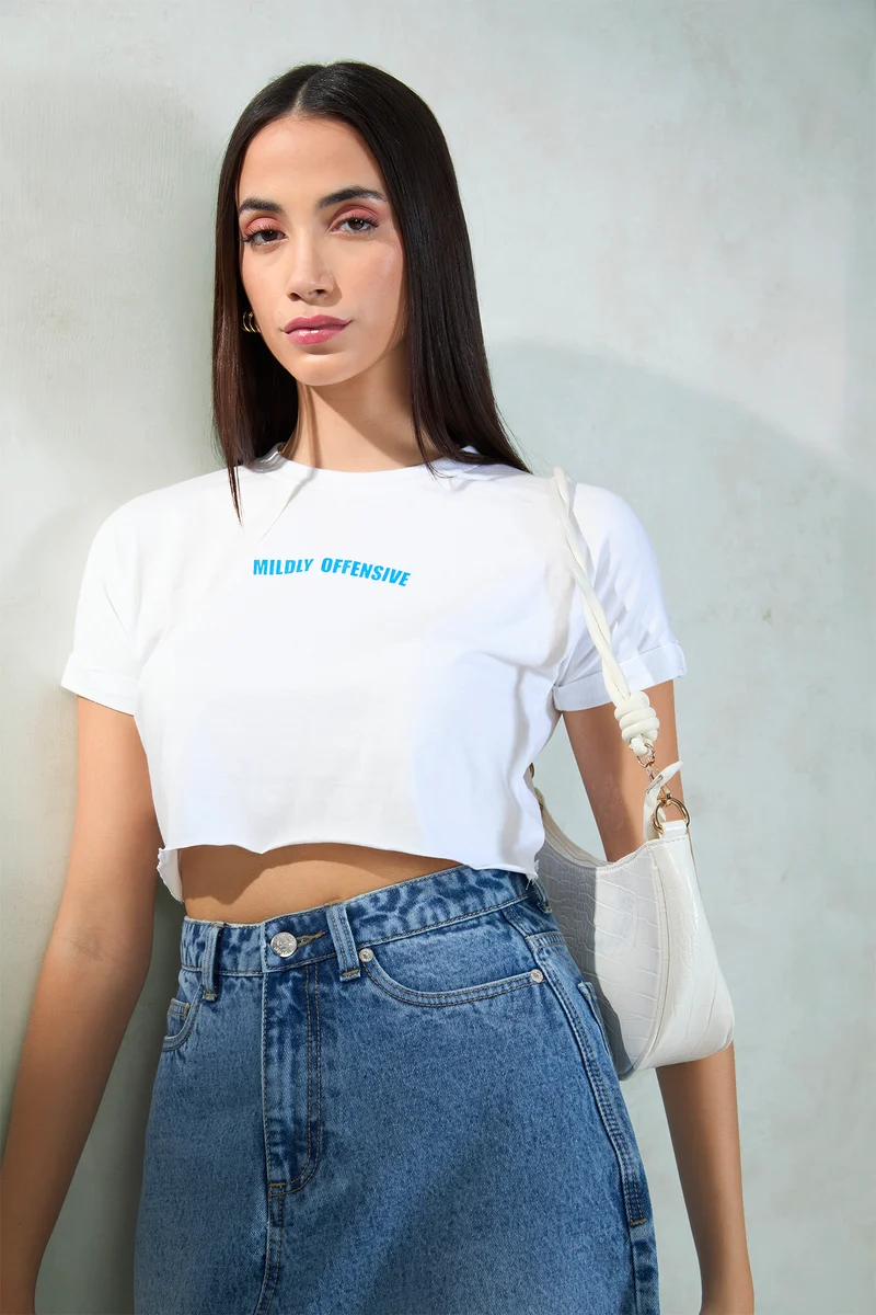 Gaaya|100% Cotton White Knit Boxy Crop Graphic Tee