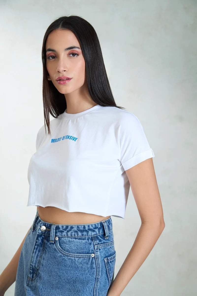 Gaaya|100% Cotton White Knit Boxy Crop Graphic Tee