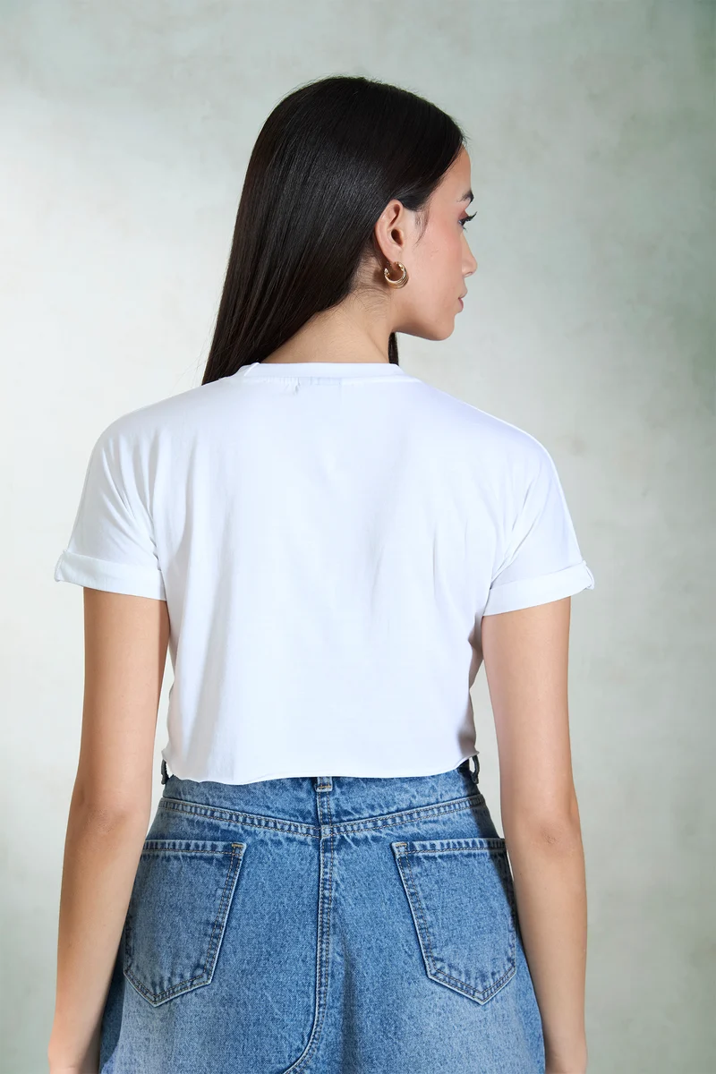 Gaaya|100% Cotton White Knit Boxy Crop Graphic Tee