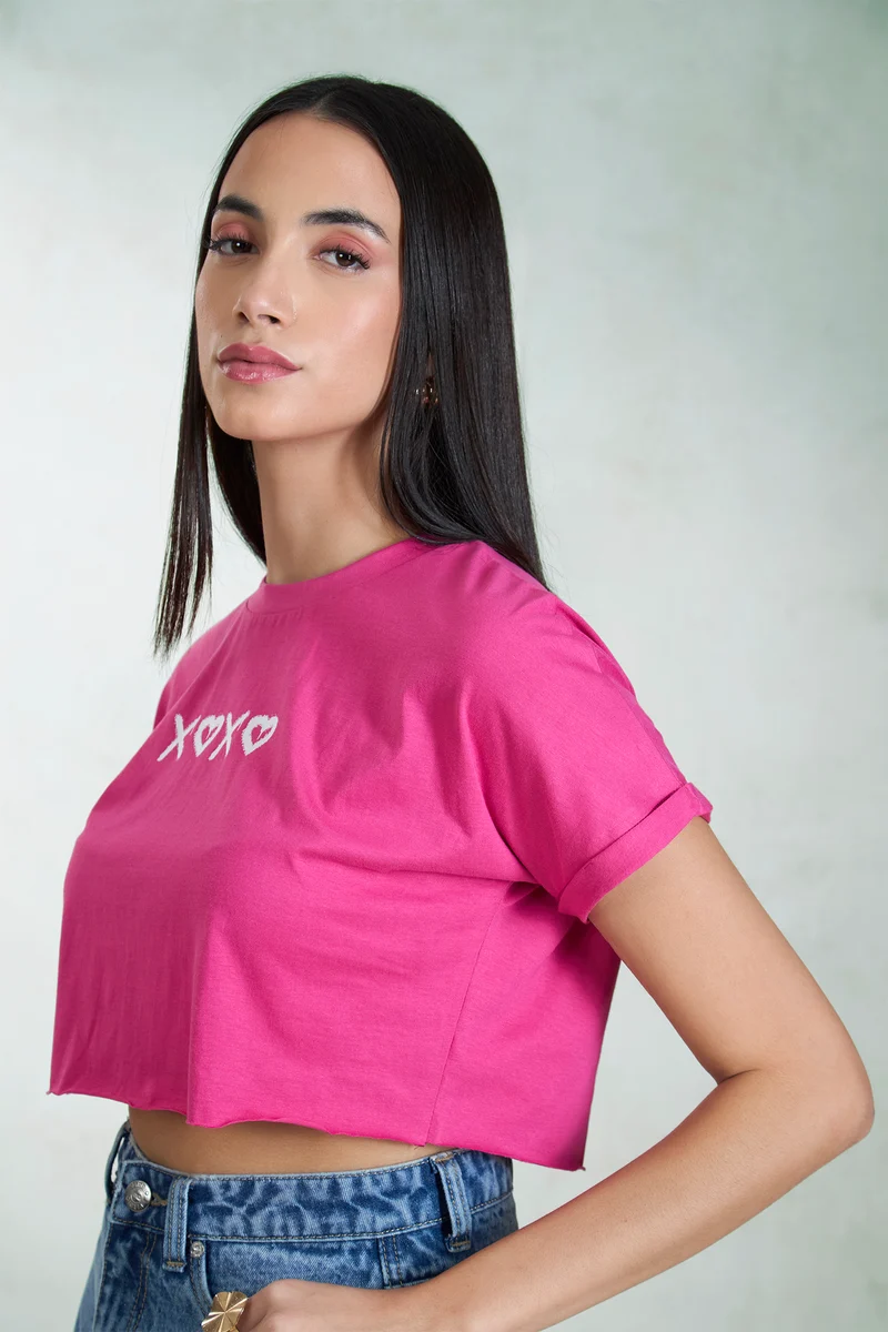 Storm|100% Cotton Knit Pink Boxy Crop Graphic Tee