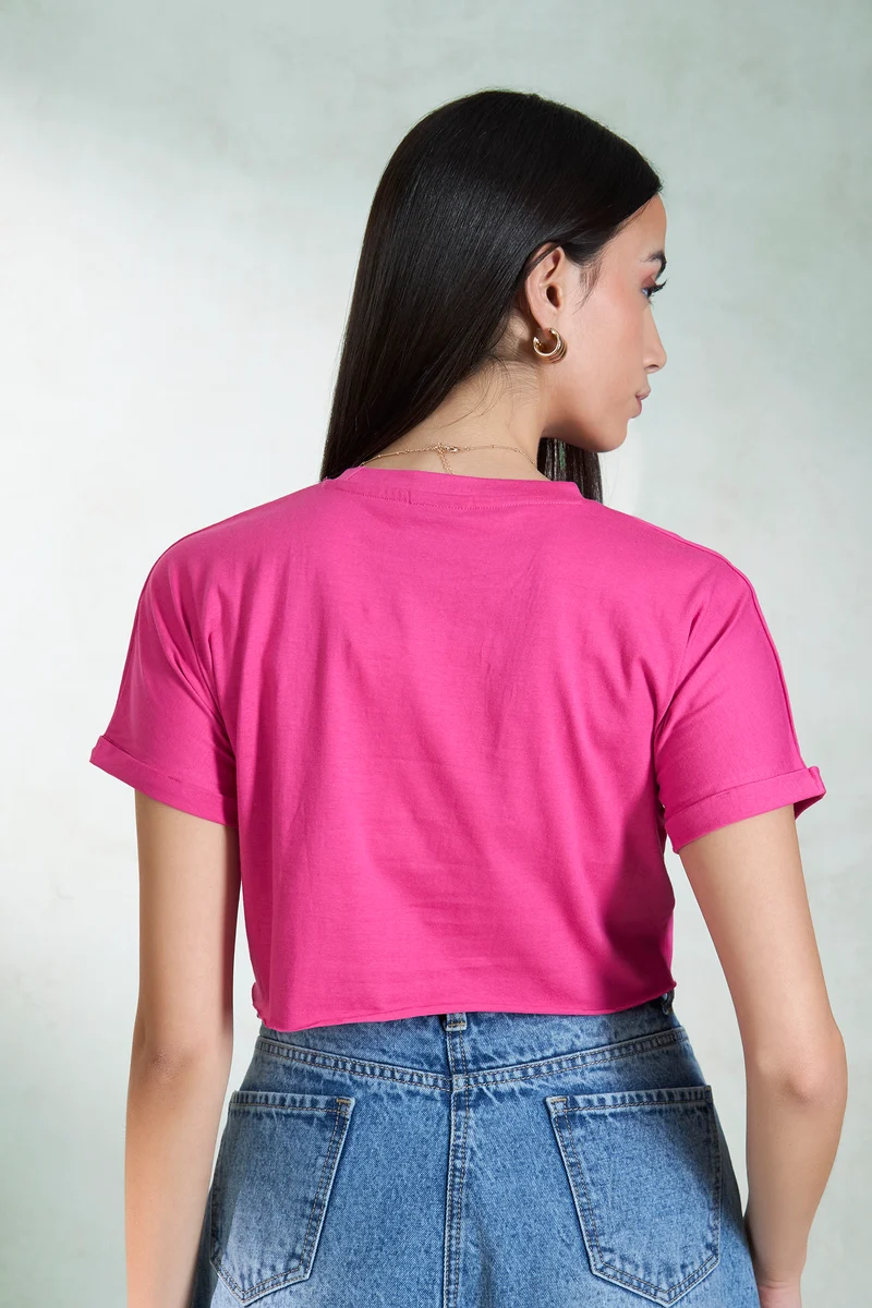 Storm|100% Cotton Knit Pink Boxy Crop Graphic Tee