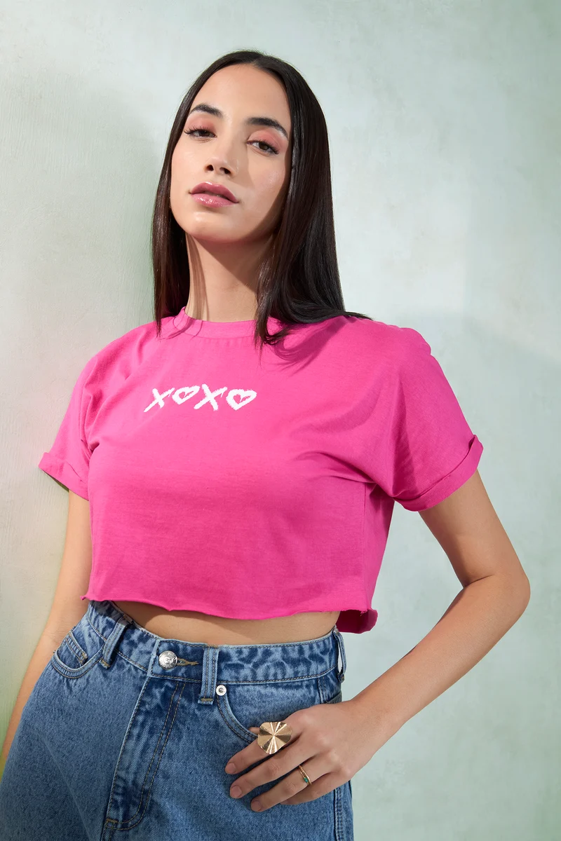 Storm|100% Cotton Knit Pink Boxy Crop Graphic Tee