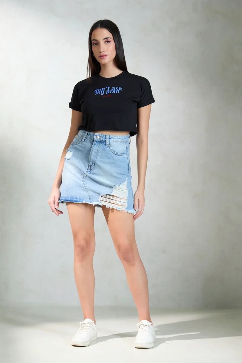 Riona|100% Cotton Round Neck Crop Graphic Tee